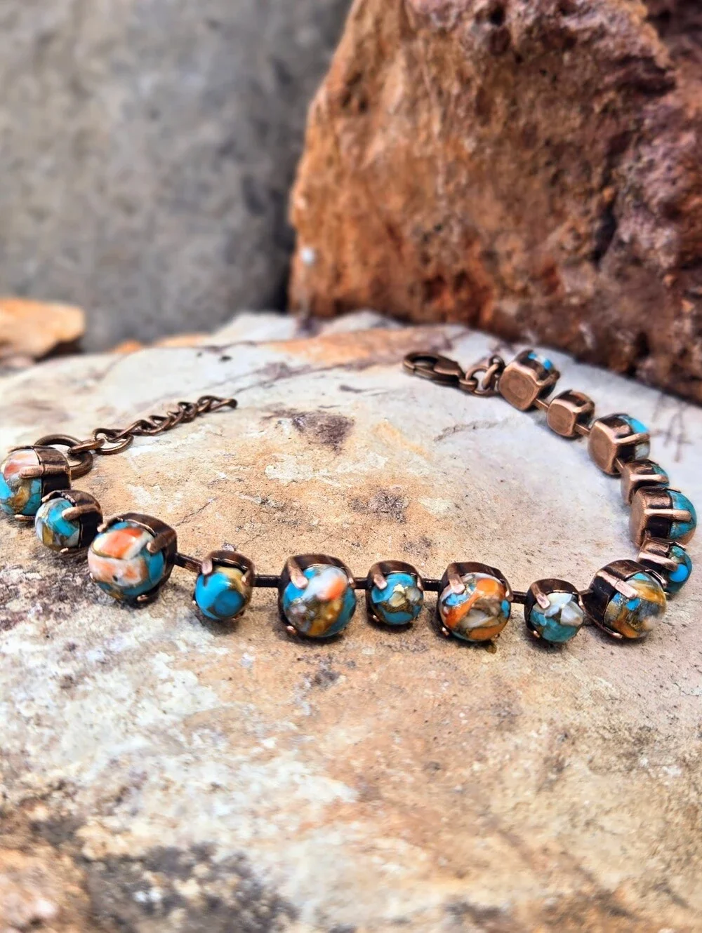 Genuine Turquoise & Spiny Oyster Copper In Artisan Antique Copper Bracelet